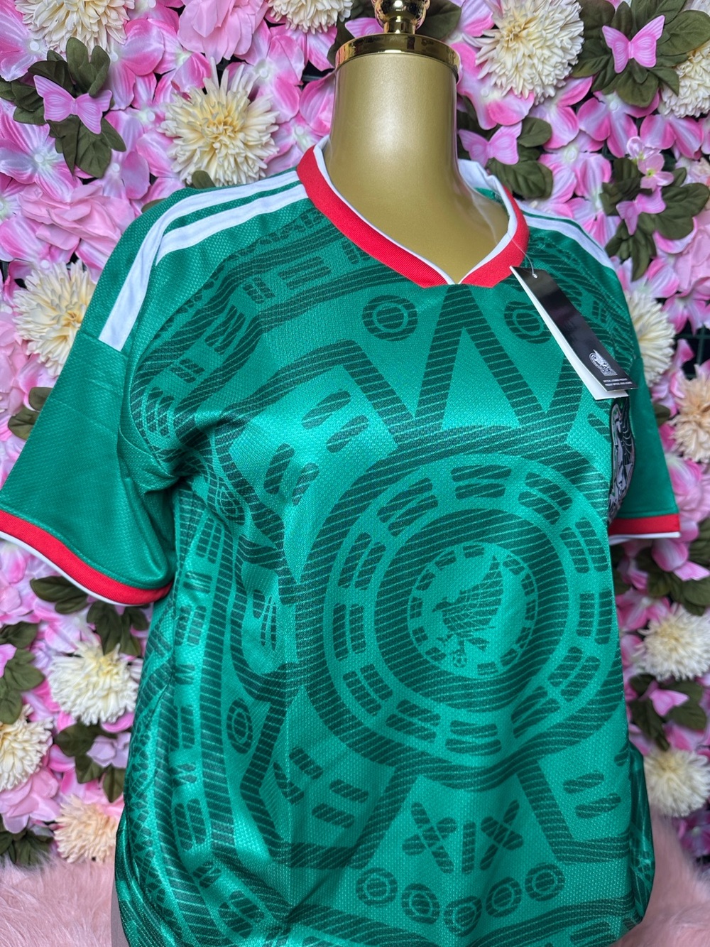 Green Aztec-Pattern Soccer Jersey with Red Trim